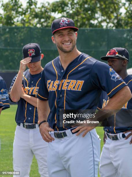 Tim Tebow of the Eastern Division All-Stars poses with teammates before the 2018 Eastern League All Star Game at Arm & Hammer Park on July 11, 2018...