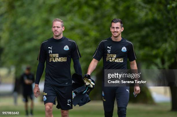 Matz Sels and Martin Dubravka walk outside during the Newcastle United Training session at Carton House on July 13 in Kildare, Ireland.