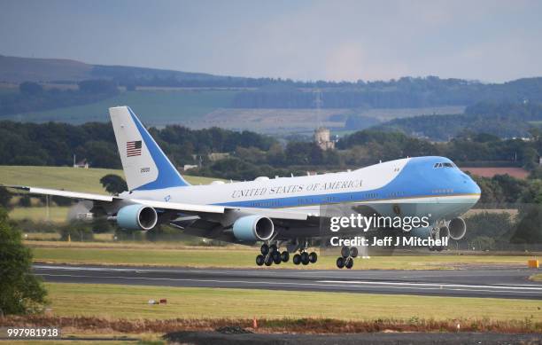 Air Force One carrying the President of the United States, Donald Trump and First Lady, Melania Trump touches down at Glasgow Prestwick Airport on...