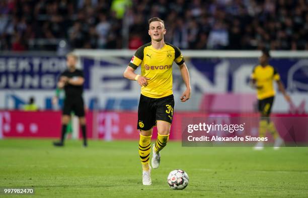 Jacob Bruun Larsen of Borussia Dortmund in action during a friendly match against Austria Wien at the Generali Arena on July 13, 2018 in Vienna,...