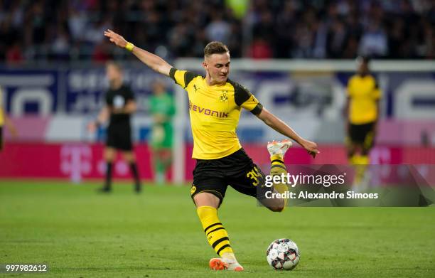 Jacob Bruun Larsen of Borussia Dortmund in action during a friendly match against Austria Wien at the Generali Arena on July 13, 2018 in Vienna,...