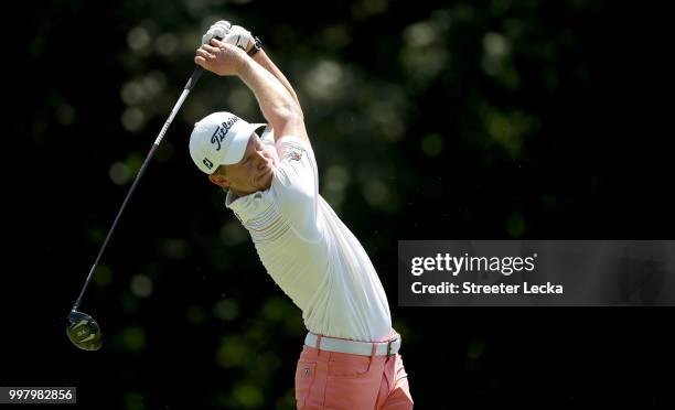 Peter Malnati hits a tee shot on the 13th hole during the second round of the John Deere Classic at TPC Deere Run on July 13, 2018 in Silvis,...