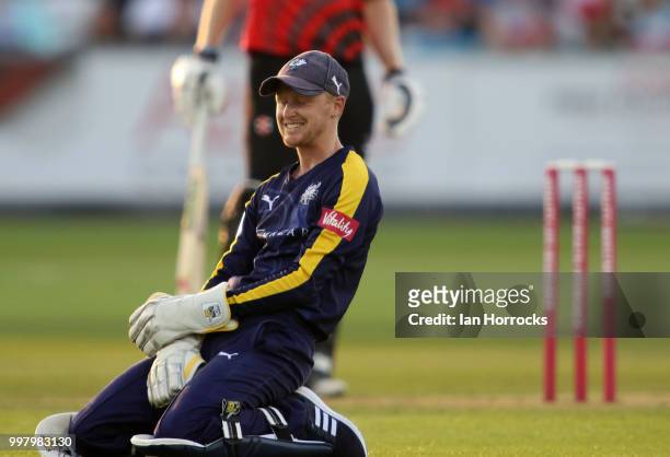 Jonny Tattersall Yorkshire keeper after missing a catch during the Vitality Blast match between Durham Jets and Yorkshire Vikings at the Emirates...