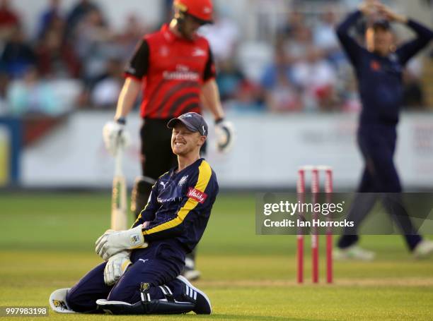 Jonny Tattersall Yorkshire keeper after missing a catch during the Vitality Blast match between Durham Jets and Yorkshire Vikings at the Emirates...