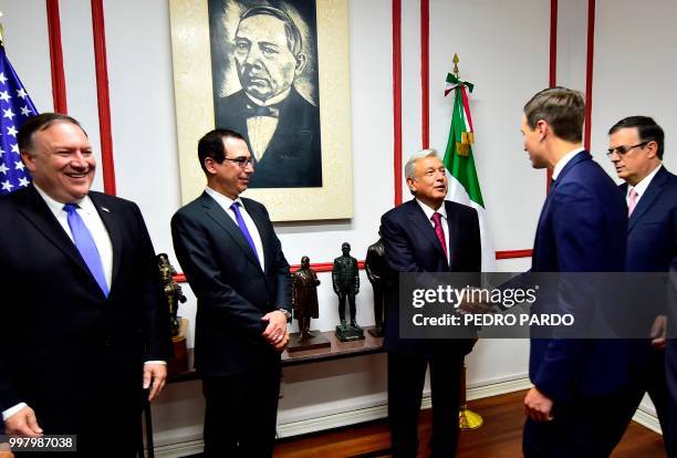 Mexican President-elect Andres Manuel Lopez Obrador shakes hands with White House advisor Jared Kushner next to US Treasury Secretary Steven Mnuchin...