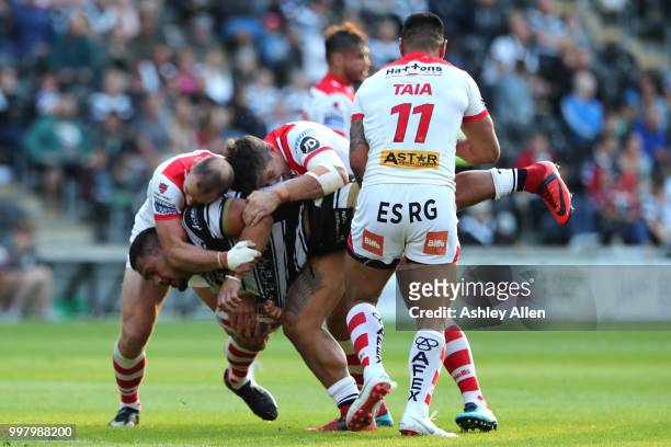 Bureta Faraimo of Hull FC is tackled during the BetFred Super League match between Hull FC and St Helens Saints at the KCOM Stadium on July 13, 2018...