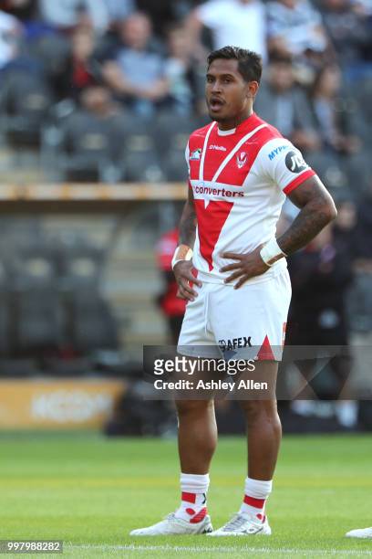 Ben Barba of St Helens looks on during the BetFred Super League match between Hull FC and St Helens Saints at the KCOM Stadium on July 13, 2018 in...