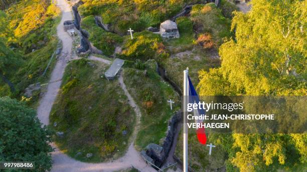 An aerial picture taken on July 11, 2018 near Orbey, eastern France, shows the French national flag flying at the site of the World War One...