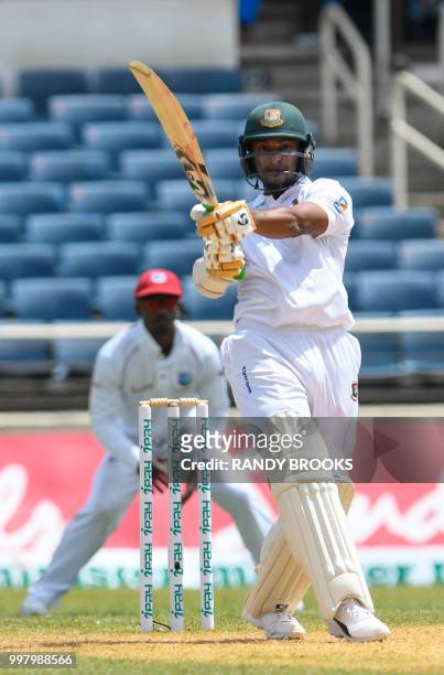 Shakib Al Hasan of Bangladesh hits 4 during day 2 of the 2nd Test between West Indies and Bangladesh at Sabina Park, Kingston, Jamaica, on July 13,...