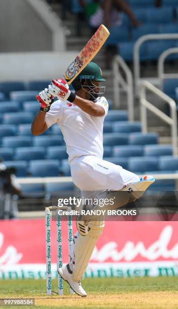 Tamim Iqbal of Bangladesh hits 4 during day 2 of the 2nd Test between West Indies and Bangladesh at Sabina Park, Kingston, Jamaica, on July 13, 2018.