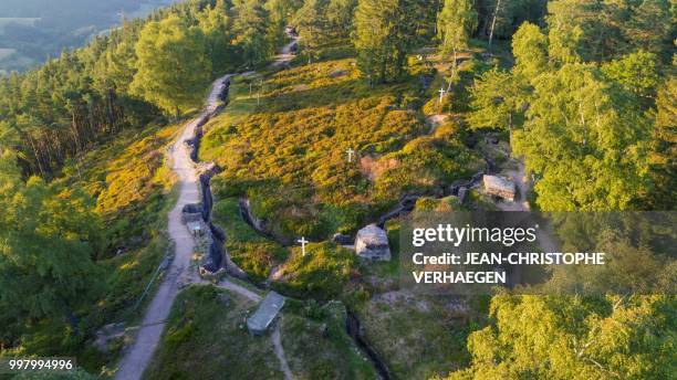 An aerial picture taken on July 11, 2018 near Orbey, eastern France, shows the site of the World War One battlefield at the Collet du Linge in the...