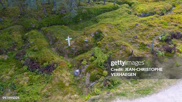 An aerial picture taken on July 11, 2018 near Orbey, eastern France, shows the site of the World War One battlefield at the Collet du Linge in the...