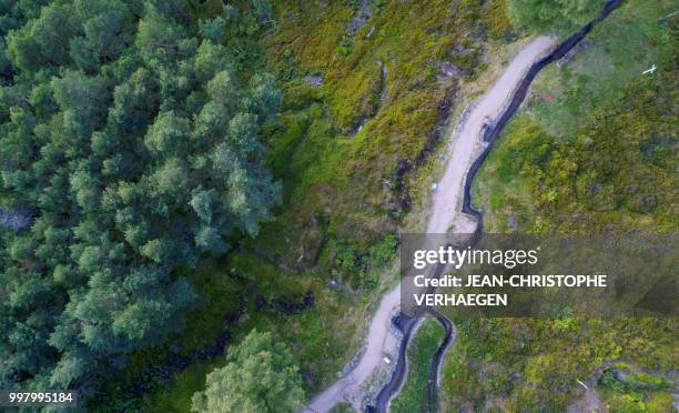 An aerial picture taken on July 11, 2018 near Orbey, eastern France, shows the site of the World War One battlefield at the Collet du Linge in the...