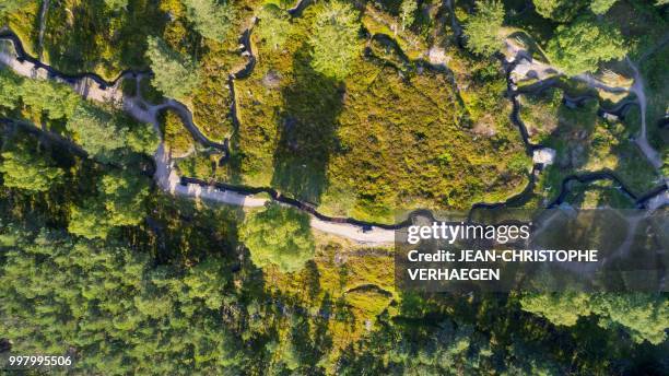 An aerial picture taken on July 11, 2018 near Orbey, eastern France, shows the site of the World War One battlefield at the Collet du Linge in the...