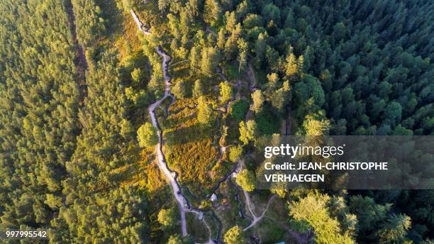 An aerial picture taken on July 11, 2018 near Orbey, eastern France, shows the site of the World War One battlefield at the Collet du Linge in the...