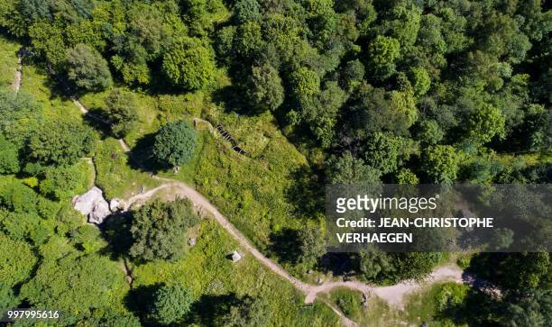 An aerial picture taken on June 25, 2018 near Wattwiller, eastern France, shows the trenches of the World War One war site of Vieil Armand, formerly...