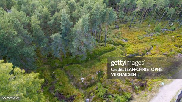 An aerial picture taken on July 11, 2018 near Orbey, eastern France, shows the site of the World War One battlefield at the Collet du Linge in the...