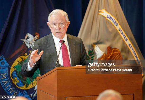 Attorney General Jeff Sessions speaks to local law enforcement officers at the United States Attorney's Office in Portland on Friday, July 13, 2018.