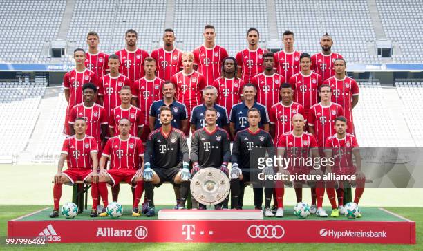 The players and senior staff of the FC Bayern Munich team pose for an official photograph in Munich, Germany, 8 August 2017. Top row, L-R: Thomas...