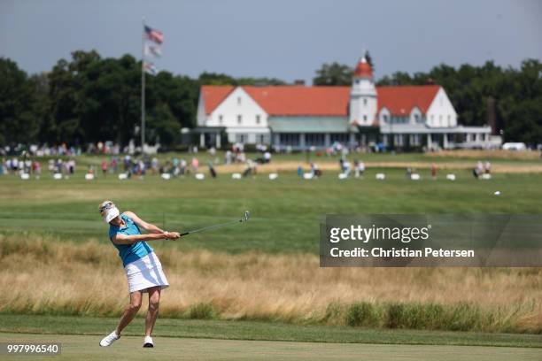 Trish Johnson of England plays her second shot on the 11th hole during the second round of the U.S. Senior Women's Open at Chicago Golf Club on July...