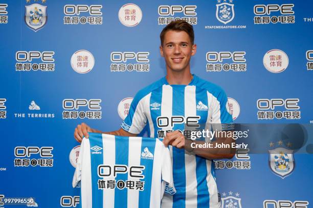 Huddersfield Town unveil new signing Erik Durm at the John Smith's Stadium on July 13, 2018 in Huddersfield, England.