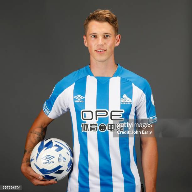 Huddersfield Town unveil new signing Erik Durm at the John Smith's Stadium on July 13, 2018 in Huddersfield, England.