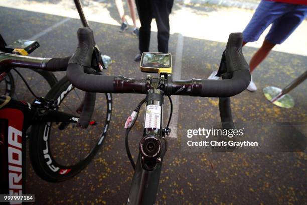 Vincenzo Nibali of Italy and Bahrain Merida Pro Team / Merida Bike / Bottle holder / Power meter / Stage info. / Detail view / during the 105th Tour...