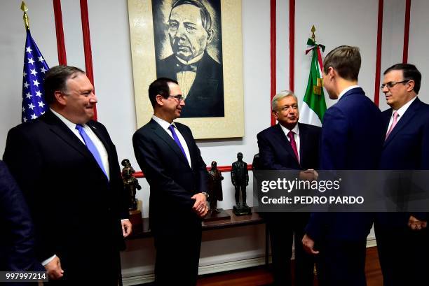 Mexican President-elect Andres Manuel Lopez Obrador shakes hands with White House advisor Jared Kushner next to US Treasury Secretary Steven Mnuchin...