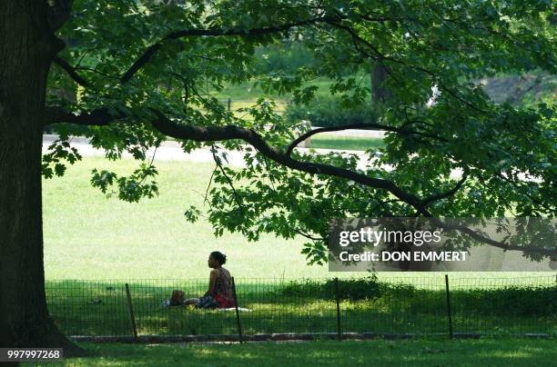 Woman eats her lunch in Central Park on July 13, 2018 in New York.