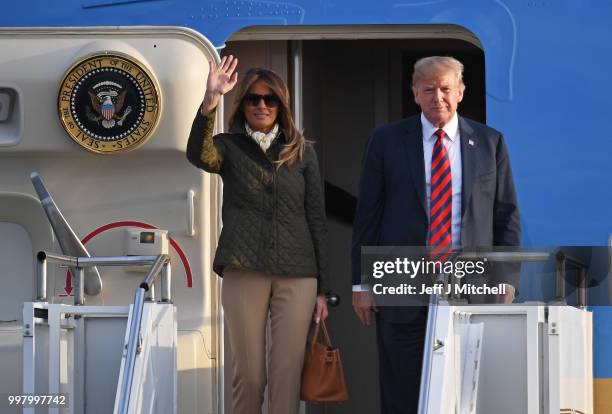 The President of the United States, Donald Trump and First Lady, Melania Trump arrive at Glasgow Prestwick Airport on July 13, 2018 in Glasgow,...