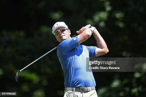 Zach Johnson hits his tee shot on the sixth hole during the second round of the John Deere Classic at TPC Deere Run on July 13, 2018 in Silvis,...