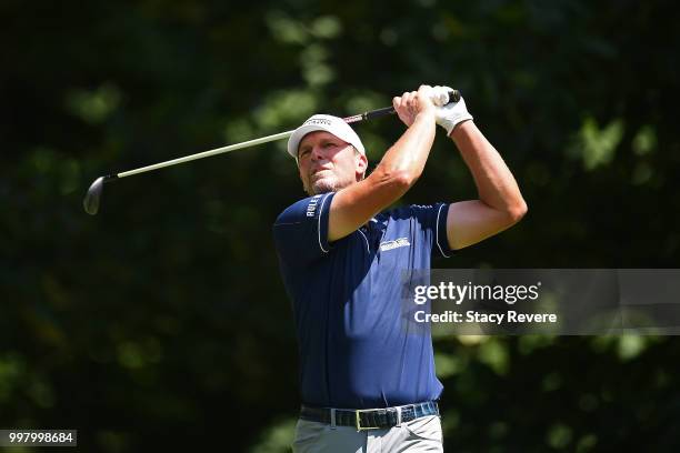 Steve Stricker hits his tee shot on the sixth hole during the second round of the John Deere Classic at TPC Deere Run on July 13, 2018 in Silvis,...