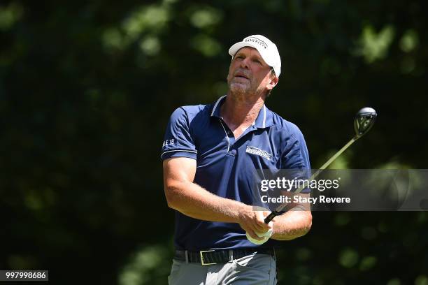 Steve Stricker hits his tee shot on the sixth hole during the second round of the John Deere Classic at TPC Deere Run on July 13, 2018 in Silvis,...