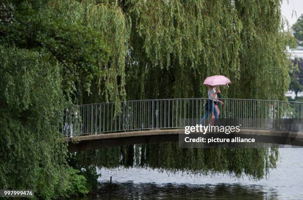 Two women with umbrellas walking by Outer Alster lake in Hamburg, Germany, 8 August 2017. Photo: Daniel Bockwoldt/dpa