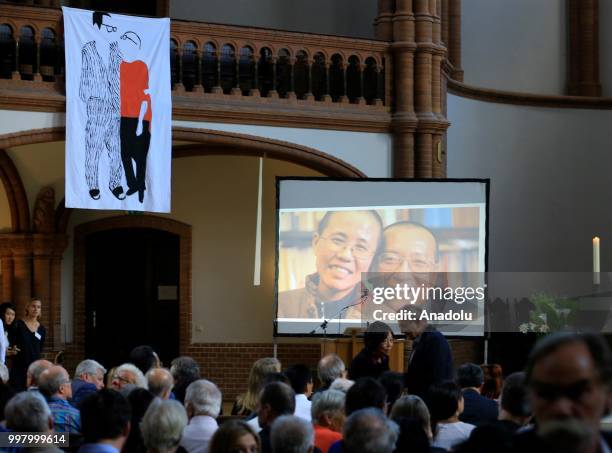 View inside of Gethsemane Church during a commemoration for Chinese human rights activist and Nobel Peace Prize laureate Liu Xiaobo at Gethsemane...