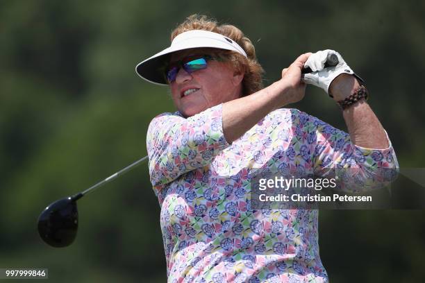 JoAnne Carner plays a tee shot on the 11th hole during the second round of the U.S. Senior Women's Open at Chicago Golf Club on July 13, 2018 in...