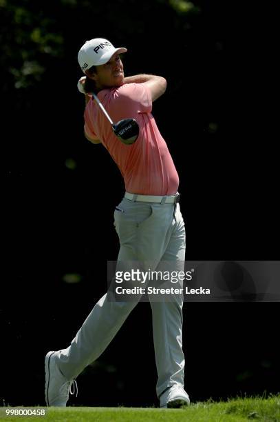 Aaron Baddeley of Australia hits a tee shot on the 13th hole during the second round of the John Deere Classic at TPC Deere Run on July 13, 2018 in...
