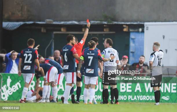 Dublin , Ireland - 13 July 2018; Derek Pender of Bohemians is shown the red card by referee Paul McLaughlin during the SSE Airtricity League Premier...