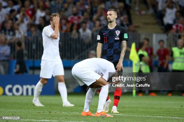 Jesse Lingard of England reacts after missing a goal during the 2018 FIFA World Cup Russia Semi Final match between England and Croatia at Luzhniki...