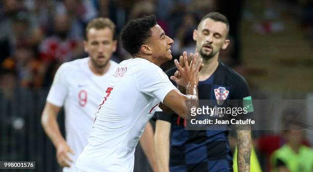 Jesse Lingard of England reacts after missing a goal during the 2018 FIFA World Cup Russia Semi Final match between England and Croatia at Luzhniki...