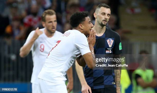 Jesse Lingard of England reacts after missing a goal during the 2018 FIFA World Cup Russia Semi Final match between England and Croatia at Luzhniki...