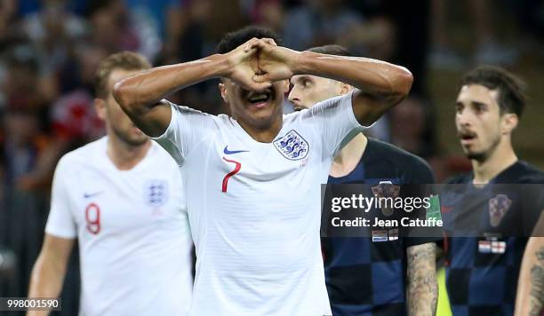 Jesse Lingard of England reacts after missing a goal during the 2018 FIFA World Cup Russia Semi Final match between England and Croatia at Luzhniki...