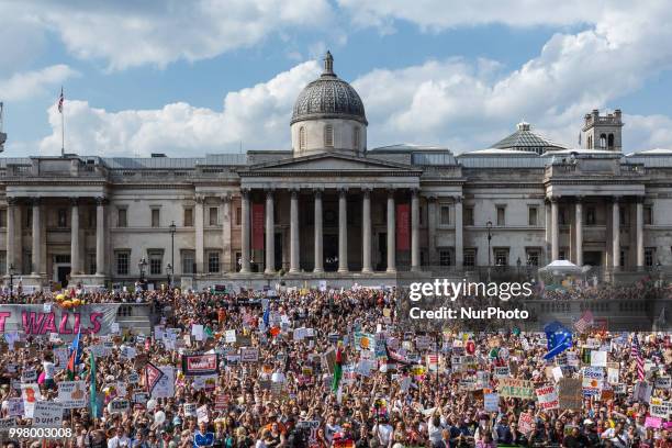 People crowd on Trafalgar square, London to protest against American president, Donald Trump visit to the UK on 13 of July, 2018. The demonstration...