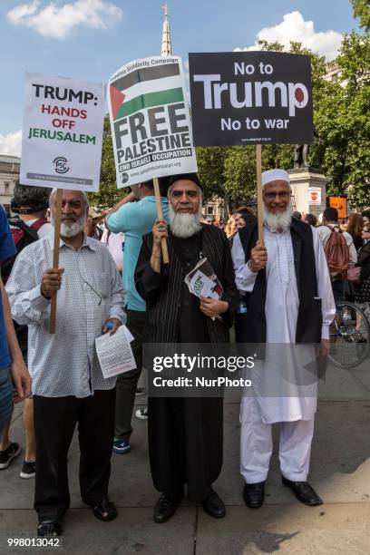 Muslim man on Trafalgar square, London protest against American president, Donald Trump visit to the UK on 13 of July, 2018. The demonstration...
