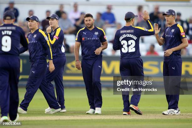 Tim Bresnan celebrates taking the wicket of Paul Collingwood of Durham during the Vitality Blast match between Durham Jets and Yorkshire Vikings at...