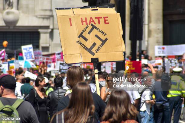 Protest takes place in Central London, against the US President Donald Trumps visit to the UK, including a giant inflatable Baby Trump, London on...