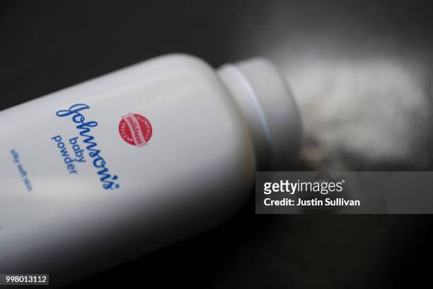 In this photo illustration, a container of Johnson's baby powder made by Johnson and Johnson sits on a table on July 13, 2018 in San Francisco,...