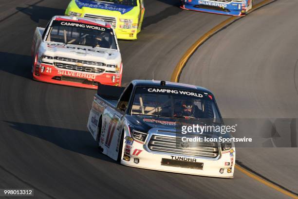 Chris Eggleston Toyota Tundra works his way through turn four ahead of a pack of trucks during the NASCAR Camping World Truck Series Buckle Up In...