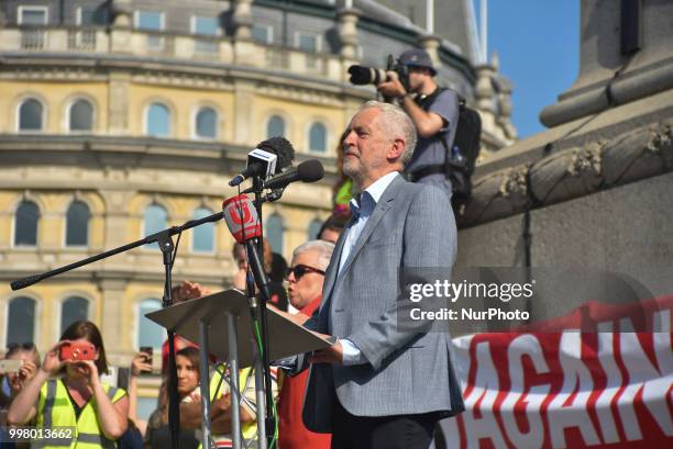 Labour Party leader Jeremy Corbyn gives a speech during a rally against the US President Donald Trumps visit to the UK, including a giant inflatable...