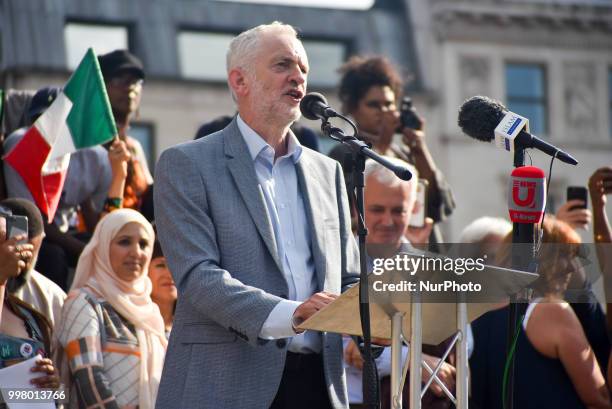 Labour Party leader Jeremy Corbyn gives a speech during a rally against the US President Donald Trumps visit to the UK, including a giant inflatable...